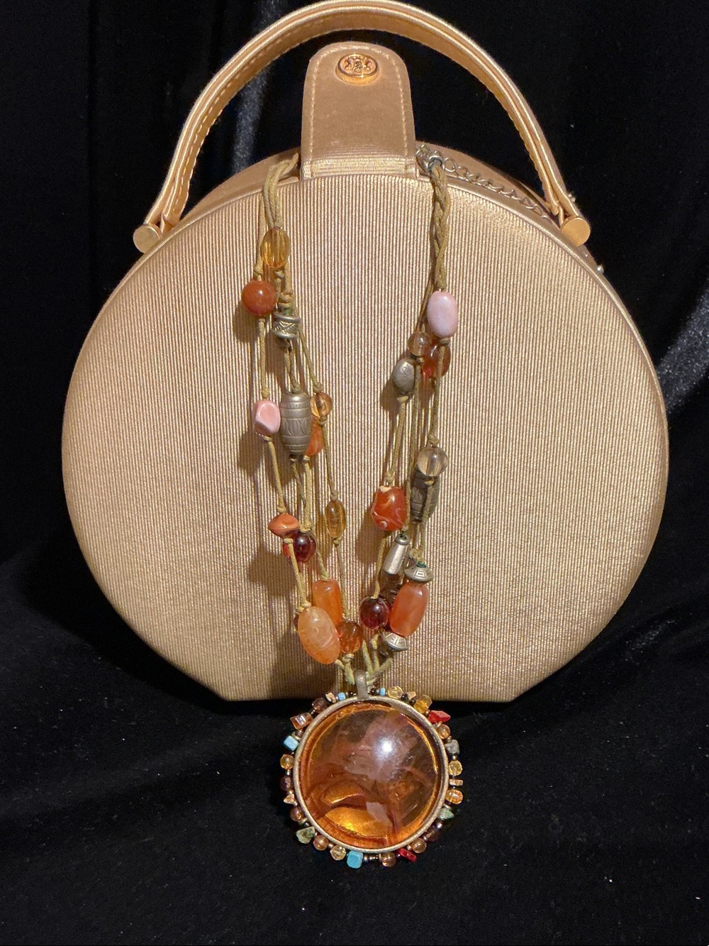 Multicolor Beaded Pendant Necklace - Gold Tones